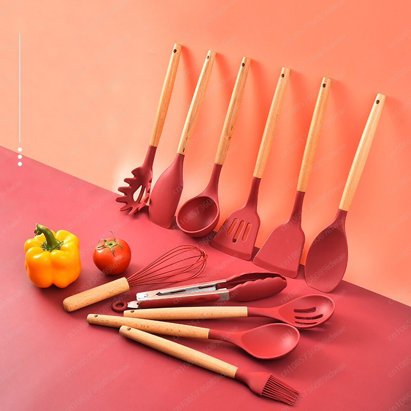 Kitchen Baking Pan Storage - ชุดเครื่องครัวซิลิโคน 12 ชิ้น พร้อมด้ามจับไม้ กระทะเคลือบกันติด ที่ขูด
