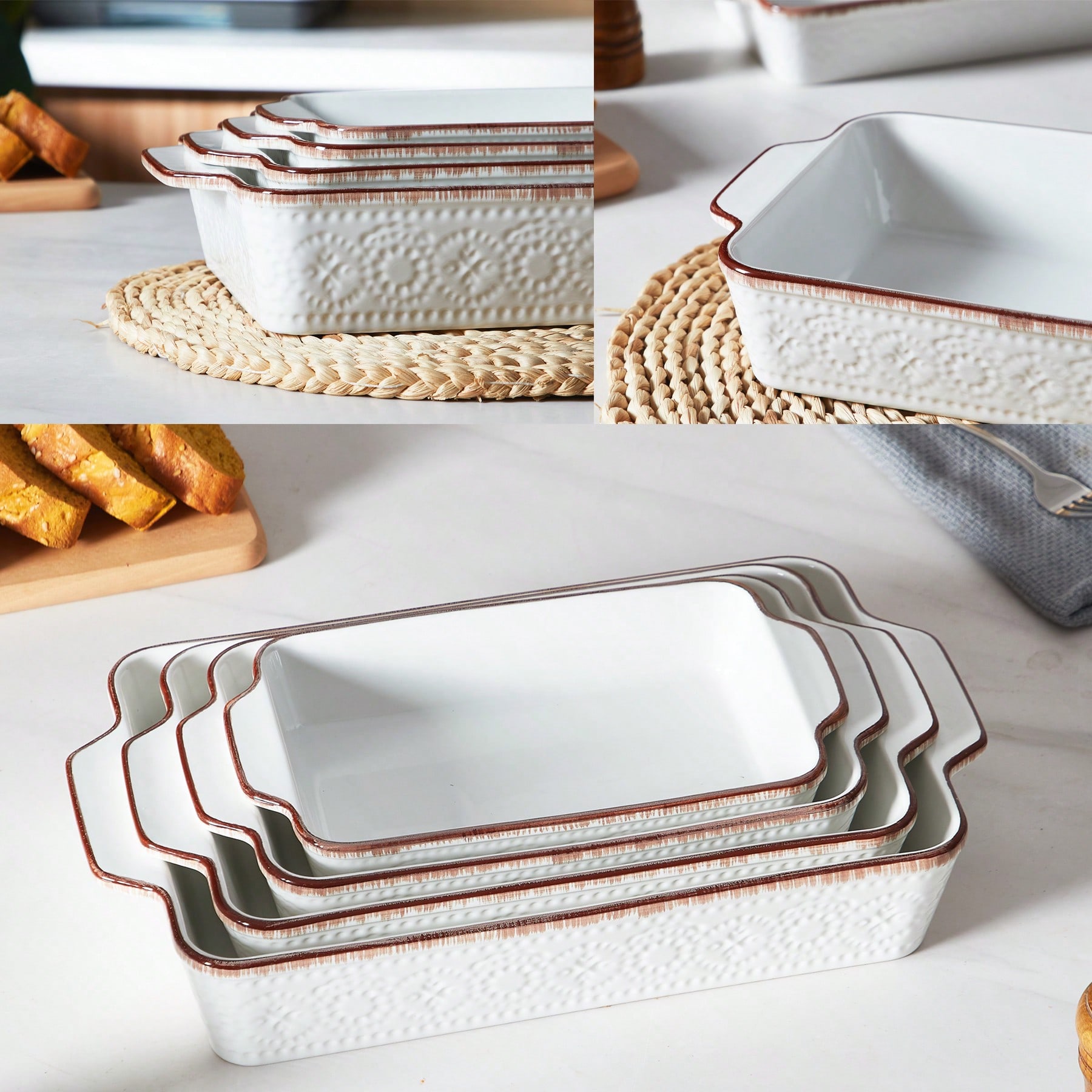 Kitchen Glass Baking Set - ชุดจานอบเซรามิกสไตล์วินเทจสำหรับเตาอบ ชุด 4 ชิ้น จานอบทรงสี่เหลี่ยมลึกพร้อมหูจับ เหมาะสำหรับอบเค้ก
