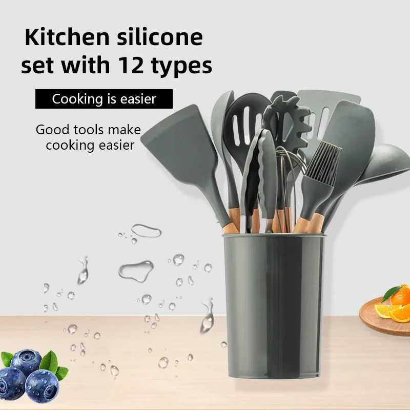 Kitchen Baking Pan Storage - ชุดอุปกรณ์ครัวซิลิโคน 12 ชิ้น ด้ามไม้ อุปกรณ์ครัวซิลิโคน ไม่ติดกระทะ