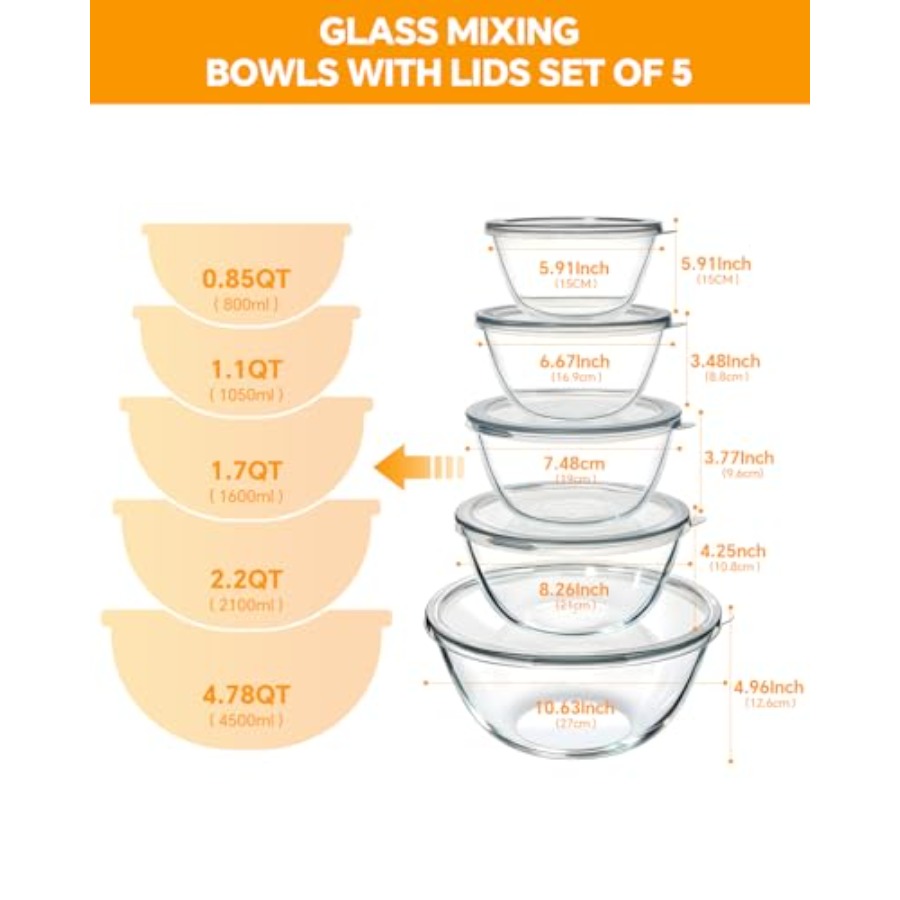 ชุดชามแก้วผสมอาหารพร้อมฝาปิด 5 - Kitchen Glass Baking Set บทวิจารณ์และราคา
